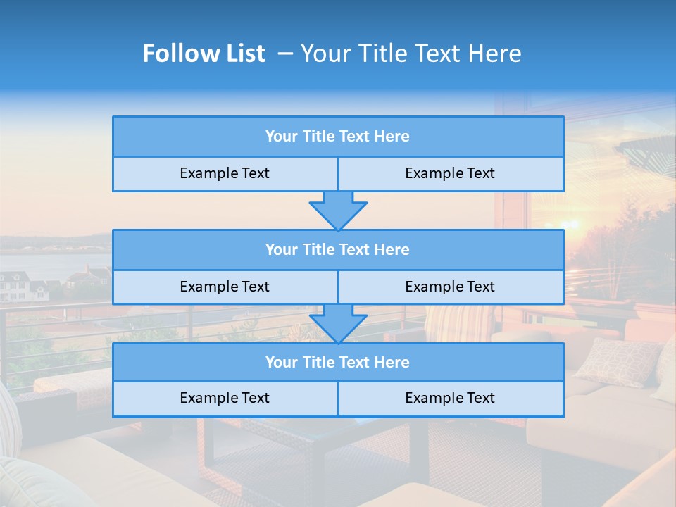 A Balcony With A Table, Couches And A View Of The Water PowerPoint Template
