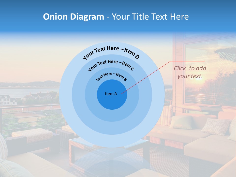 A Balcony With A Table, Couches And A View Of The Water PowerPoint Template
