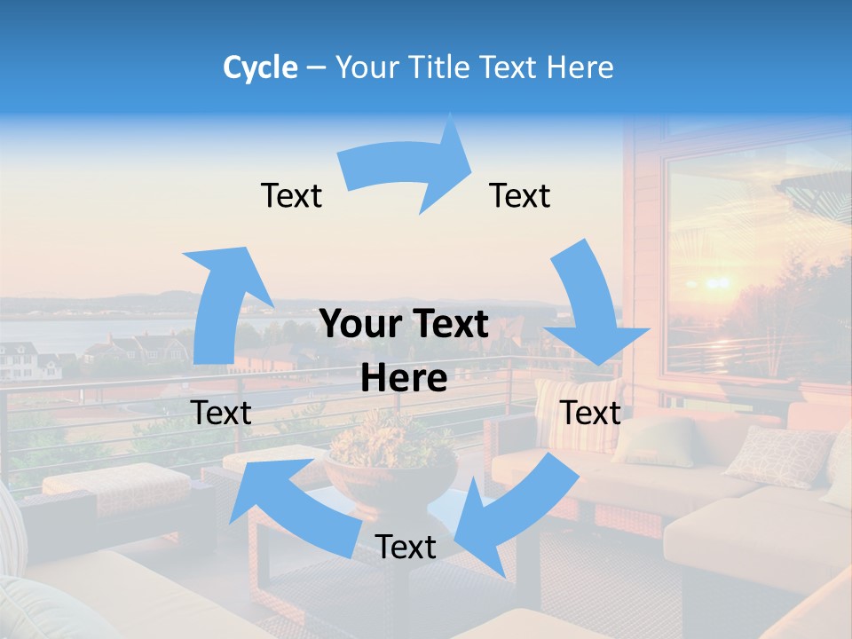 A Balcony With A Table, Couches And A View Of The Water PowerPoint Template