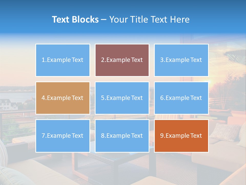 A Balcony With A Table, Couches And A View Of The Water PowerPoint Template