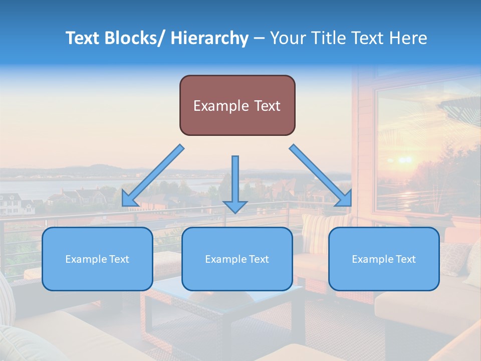 A Balcony With A Table, Couches And A View Of The Water PowerPoint Template