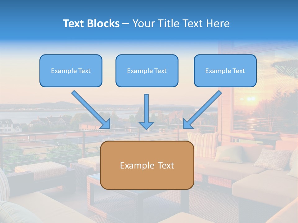 A Balcony With A Table, Couches And A View Of The Water PowerPoint Template