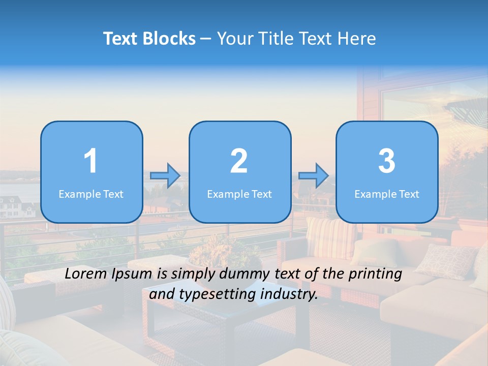 A Balcony With A Table, Couches And A View Of The Water PowerPoint Template