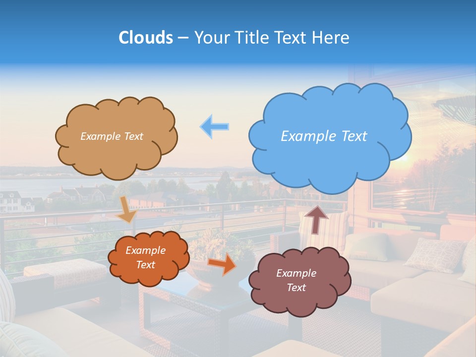 A Balcony With A Table, Couches And A View Of The Water PowerPoint Template