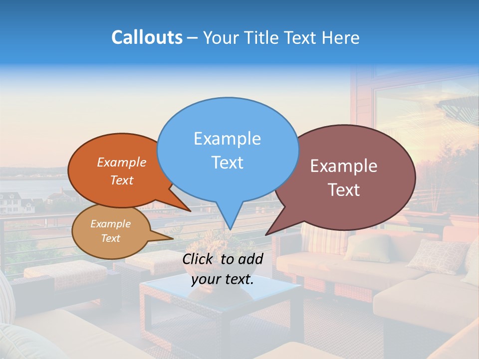 A Balcony With A Table, Couches And A View Of The Water PowerPoint Template