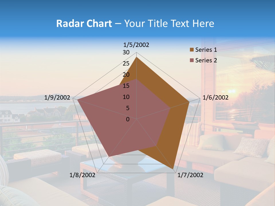 A Balcony With A Table, Couches And A View Of The Water PowerPoint Template