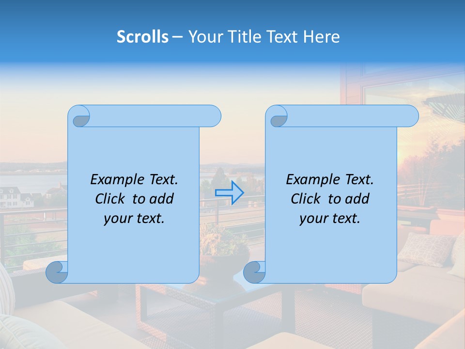 A Balcony With A Table, Couches And A View Of The Water PowerPoint Template