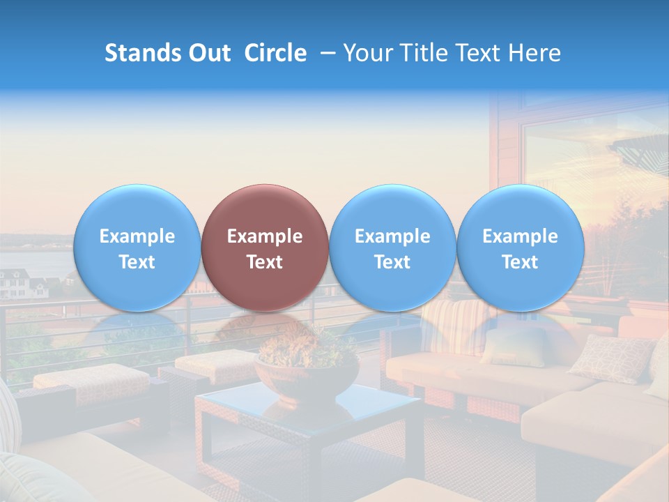 A Balcony With A Table, Couches And A View Of The Water PowerPoint Template