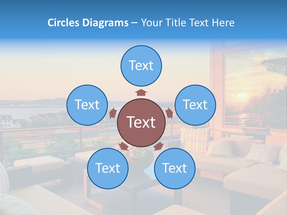 A Balcony With A Table, Couches And A View Of The Water PowerPoint Template