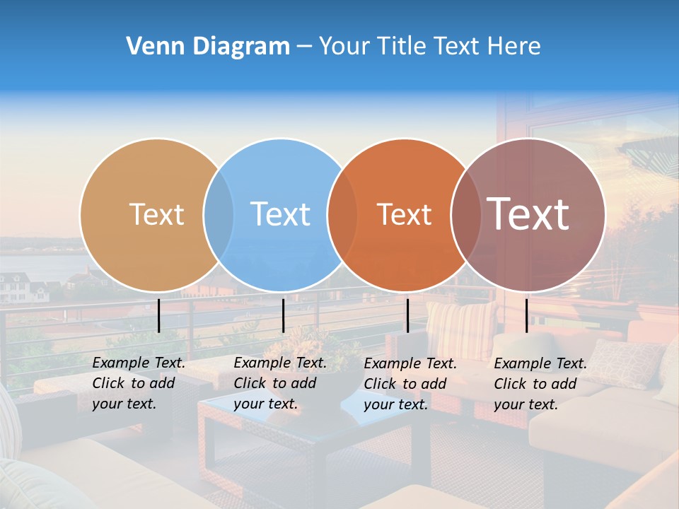 A Balcony With A Table, Couches And A View Of The Water PowerPoint Template