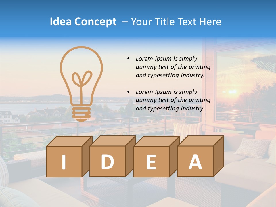 A Balcony With A Table, Couches And A View Of The Water PowerPoint Template