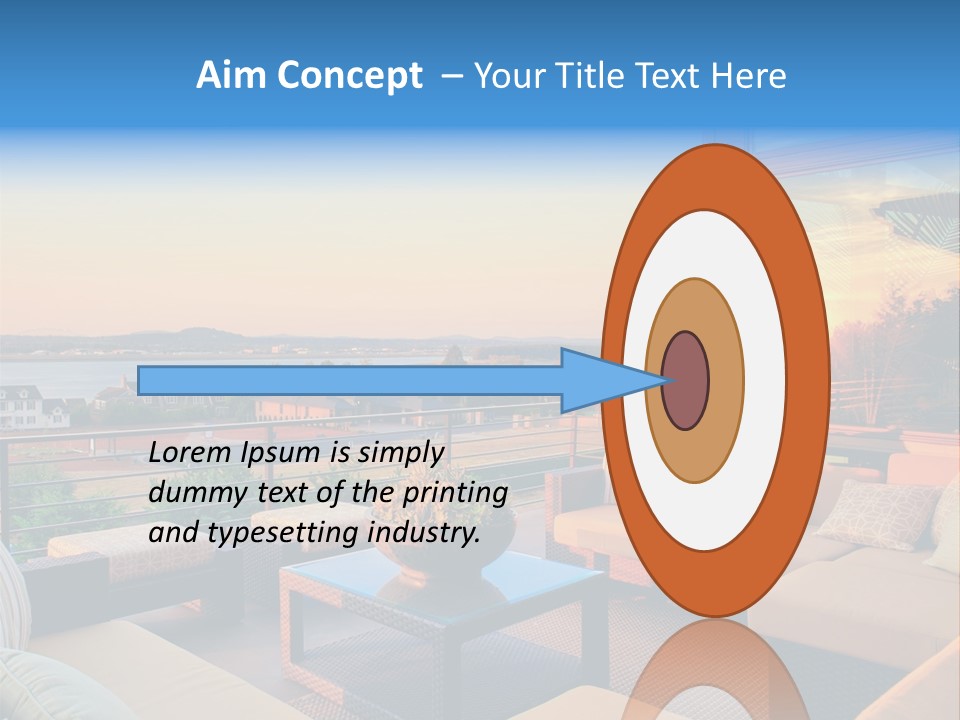 A Balcony With A Table, Couches And A View Of The Water PowerPoint Template