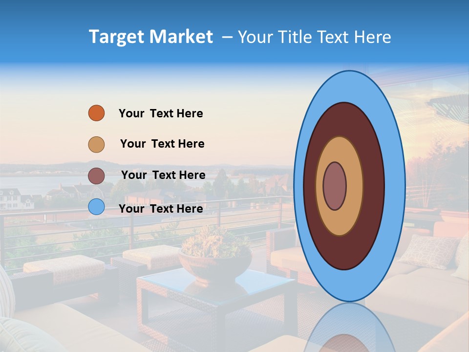 A Balcony With A Table, Couches And A View Of The Water PowerPoint Template