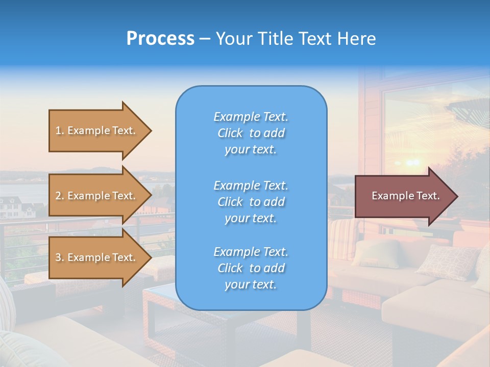 A Balcony With A Table, Couches And A View Of The Water PowerPoint Template