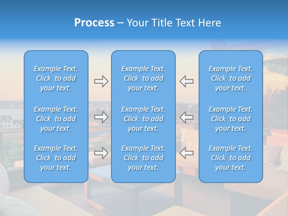 A Balcony With A Table, Couches And A View Of The Water PowerPoint Template