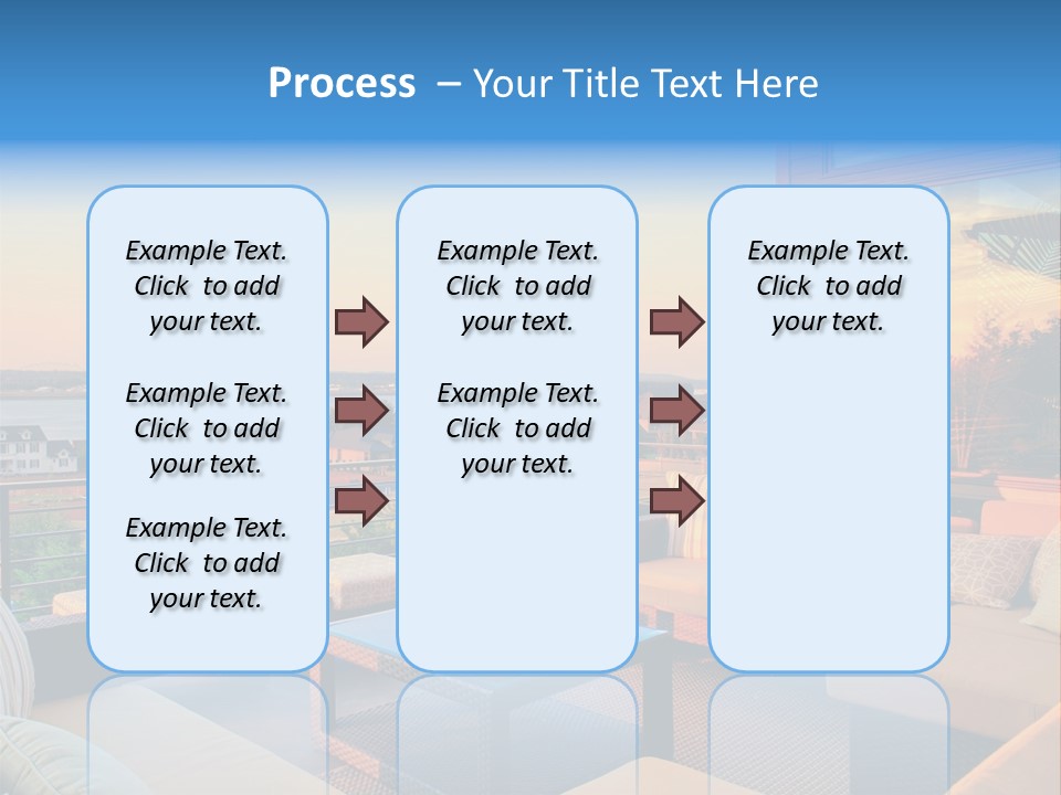A Balcony With A Table, Couches And A View Of The Water PowerPoint Template