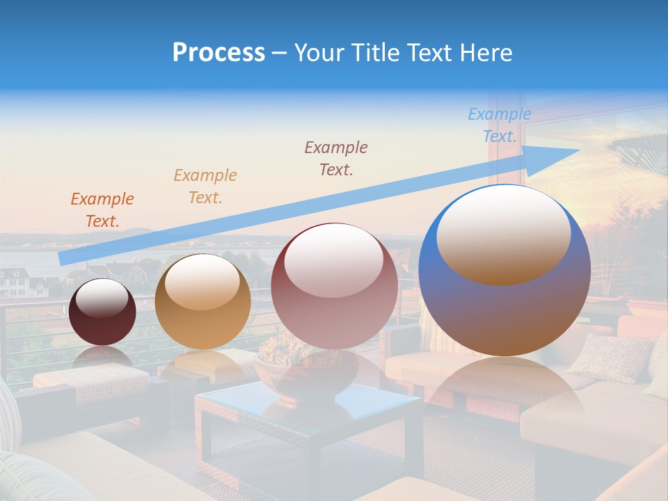A Balcony With A Table, Couches And A View Of The Water PowerPoint Template
