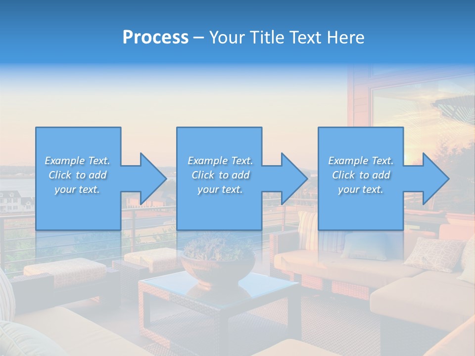 A Balcony With A Table, Couches And A View Of The Water PowerPoint Template