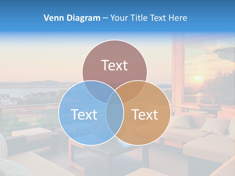A Balcony With A Table, Couches And A View Of The Water PowerPoint Template
