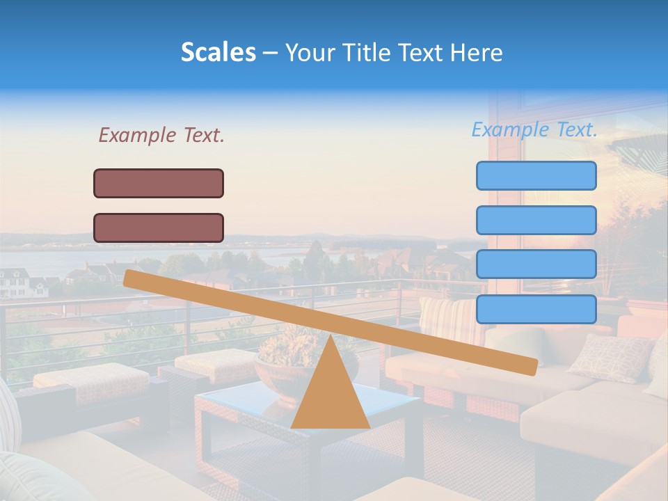 A Balcony With A Table, Couches And A View Of The Water PowerPoint Template