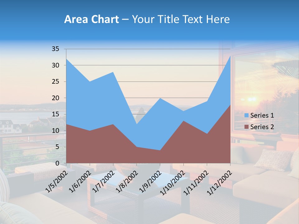 A Balcony With A Table, Couches And A View Of The Water PowerPoint Template