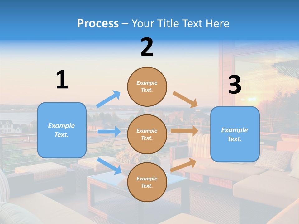 A Balcony With A Table, Couches And A View Of The Water PowerPoint Template