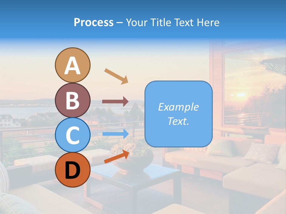 A Balcony With A Table, Couches And A View Of The Water PowerPoint Template