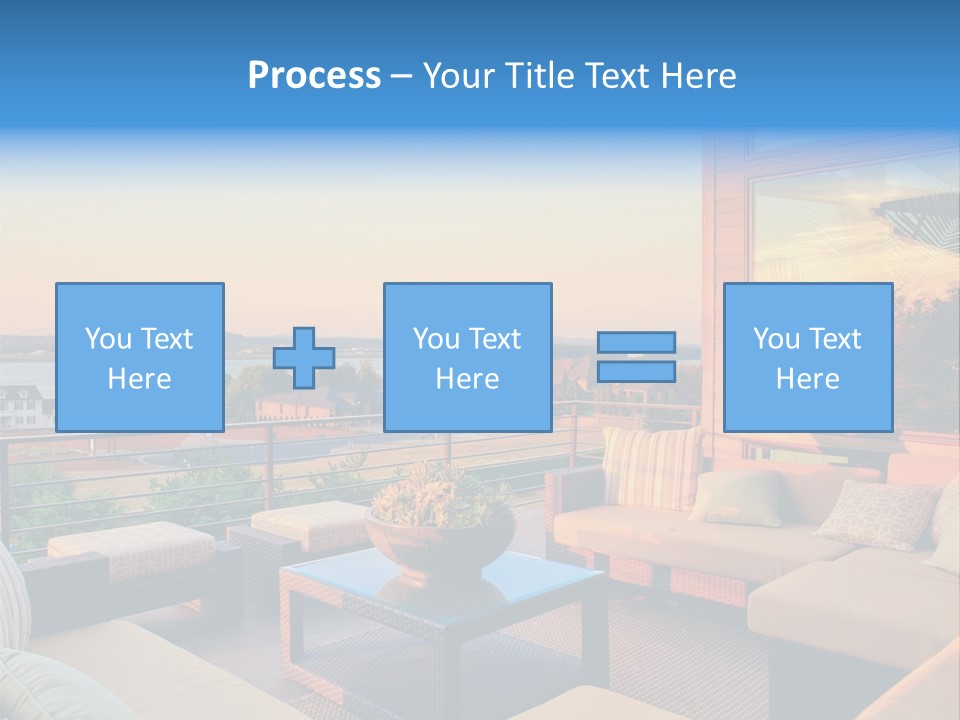 A Balcony With A Table, Couches And A View Of The Water PowerPoint Template