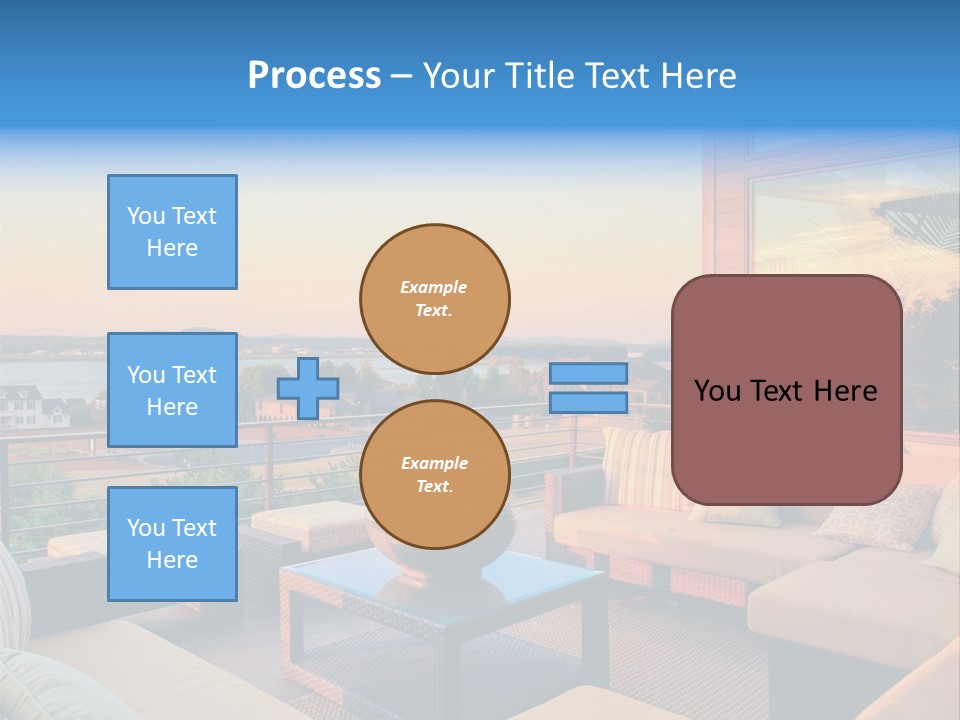 A Balcony With A Table, Couches And A View Of The Water PowerPoint Template