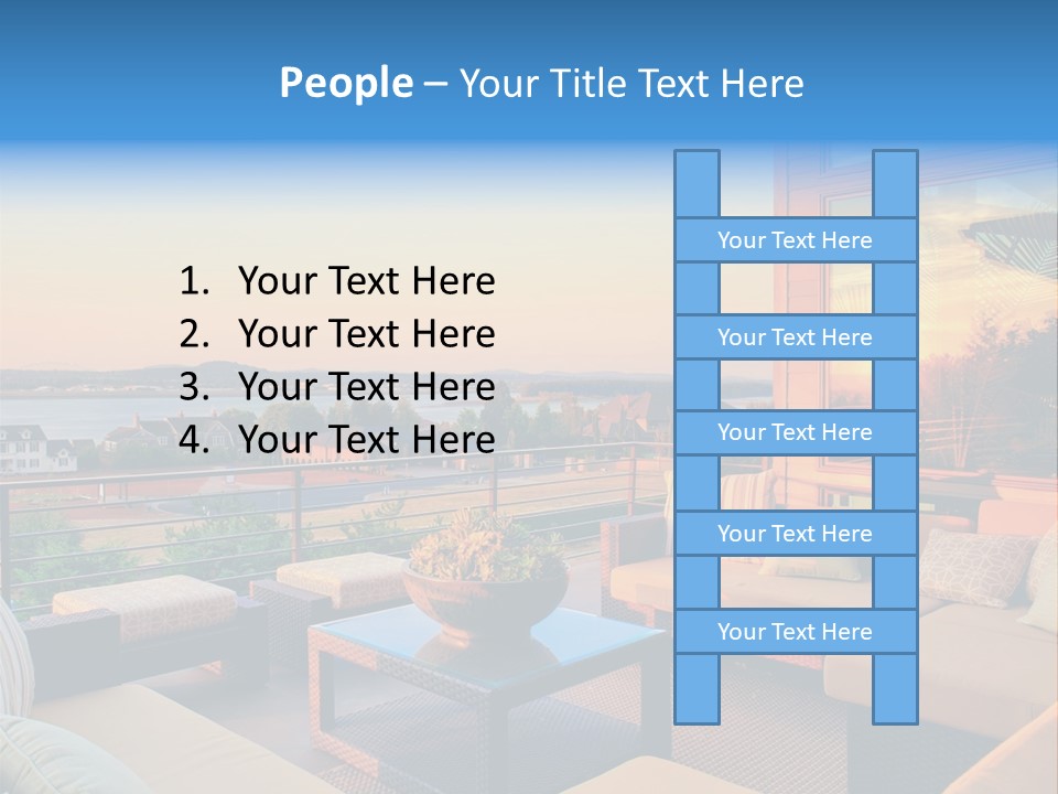 A Balcony With A Table, Couches And A View Of The Water PowerPoint Template