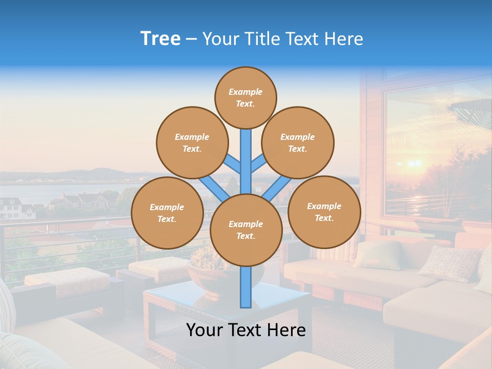 A Balcony With A Table, Couches And A View Of The Water PowerPoint Template