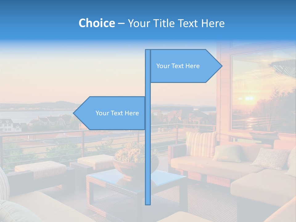 A Balcony With A Table, Couches And A View Of The Water PowerPoint Template