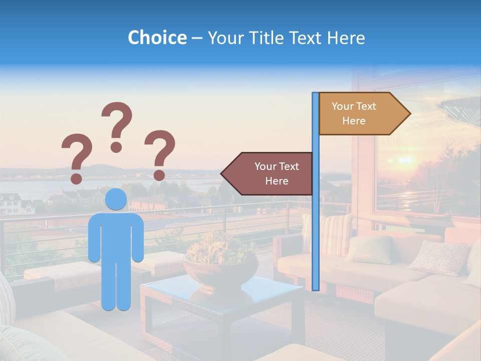 A Balcony With A Table, Couches And A View Of The Water PowerPoint Template