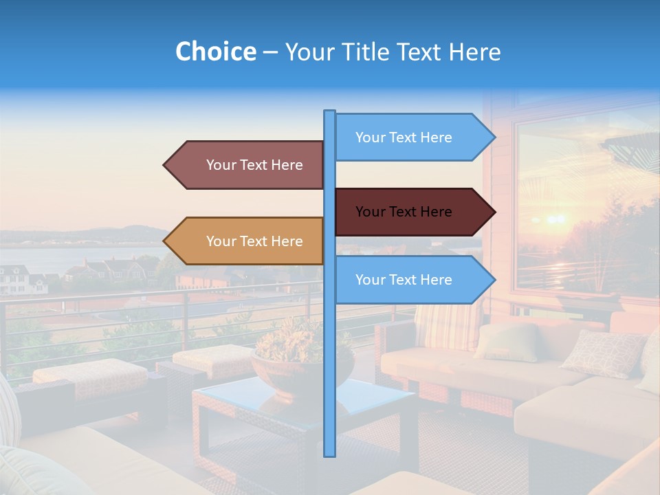 A Balcony With A Table, Couches And A View Of The Water PowerPoint Template