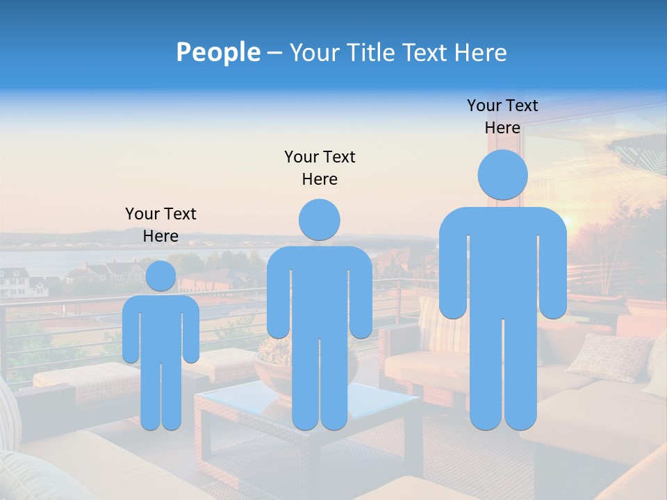 A Balcony With A Table, Couches And A View Of The Water PowerPoint Template