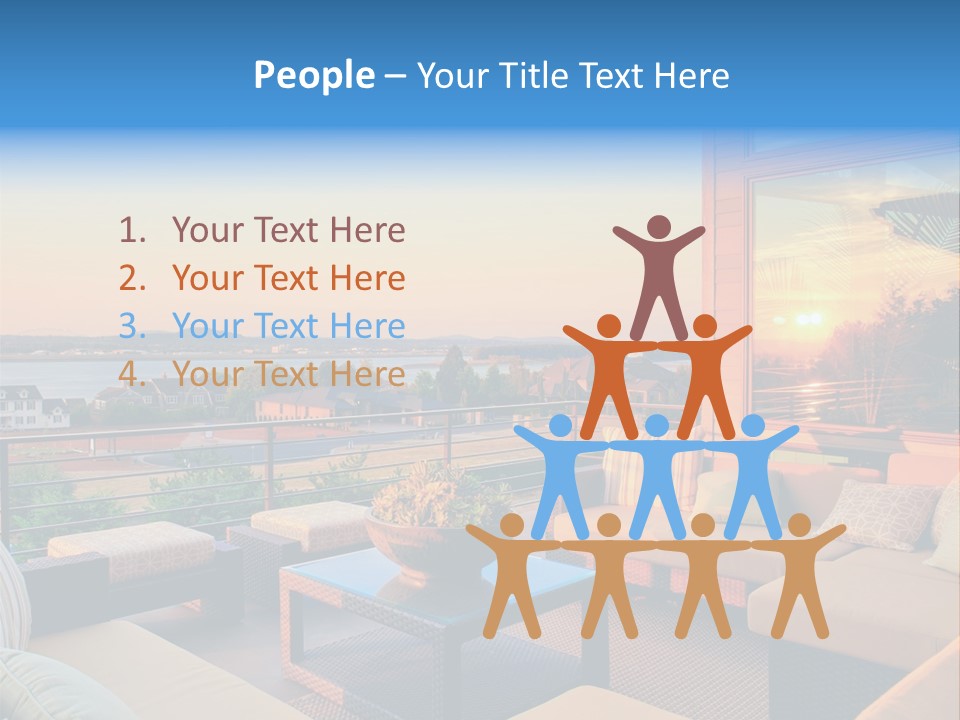 A Balcony With A Table, Couches And A View Of The Water PowerPoint Template