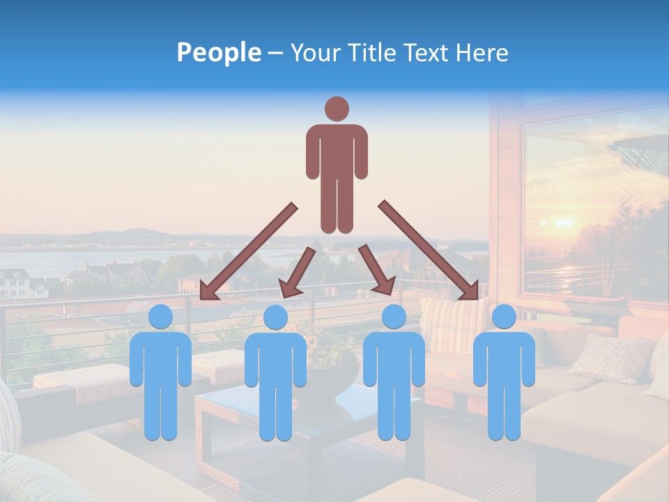 A Balcony With A Table, Couches And A View Of The Water PowerPoint Template