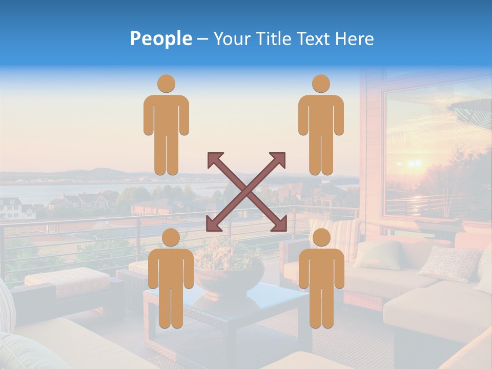 A Balcony With A Table, Couches And A View Of The Water PowerPoint Template