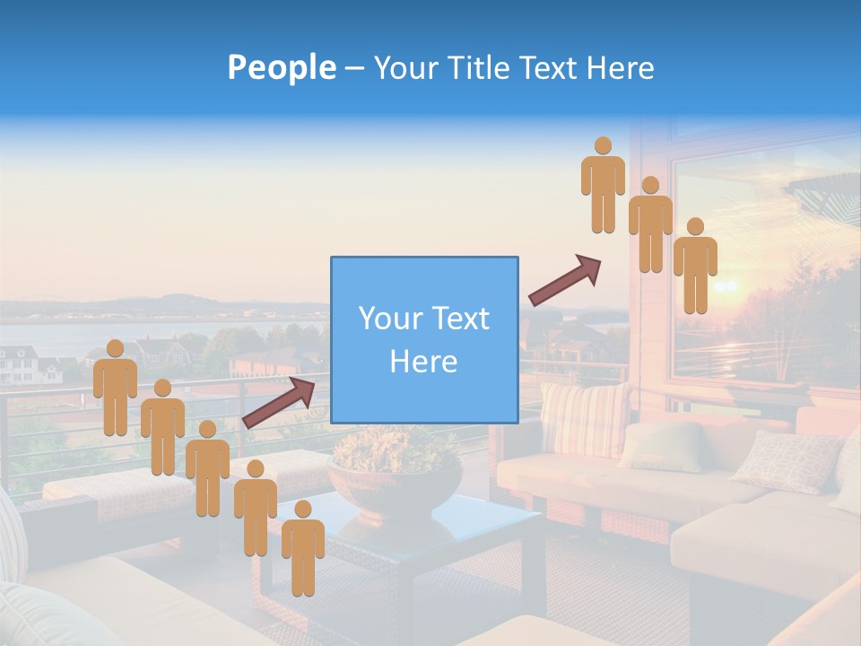 A Balcony With A Table, Couches And A View Of The Water PowerPoint Template