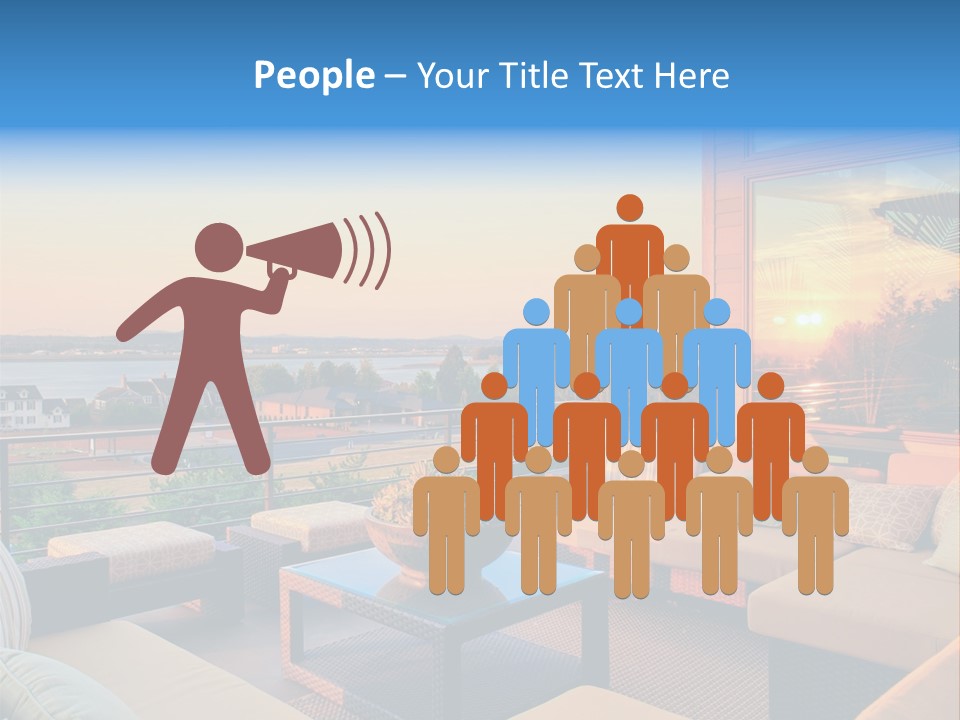 A Balcony With A Table, Couches And A View Of The Water PowerPoint Template