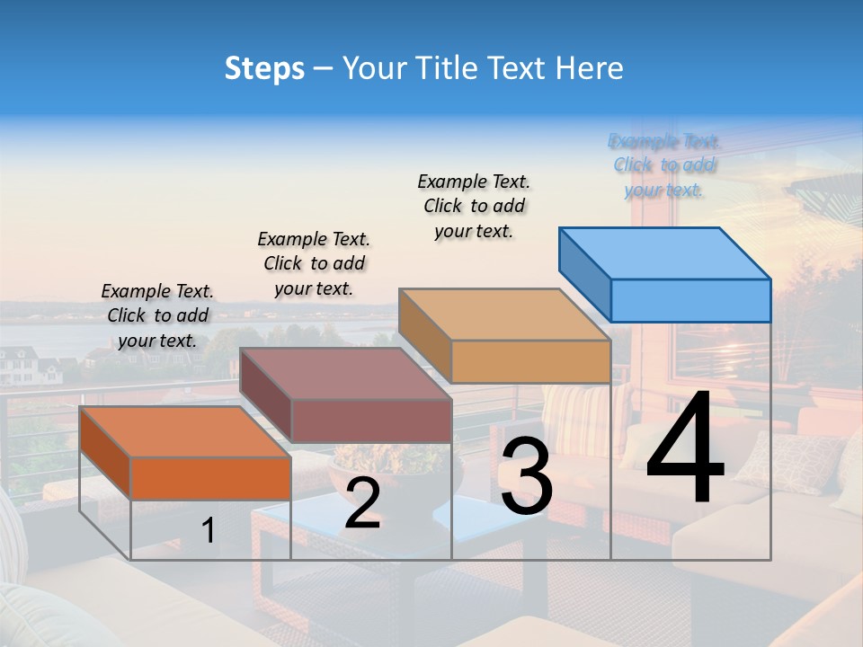A Balcony With A Table, Couches And A View Of The Water PowerPoint Template