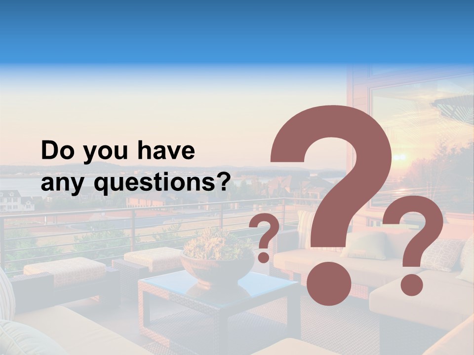 A Balcony With A Table, Couches And A View Of The Water PowerPoint Template