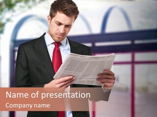 A Man In A Suit Reading A Newspaper PowerPoint Template