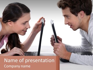 A Man And Woman Looking At A Laptop Screen PowerPoint Template