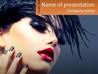 A Woman's Face With Black And White Nails And A Red Lipstick PowerPoint Template