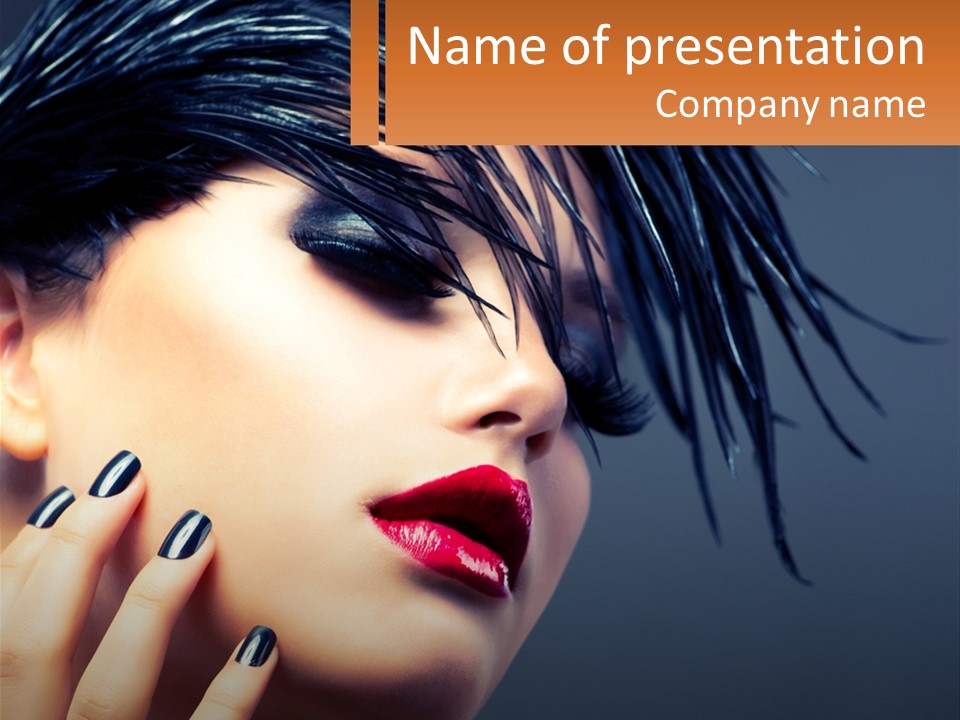 A Woman's Face With Black And White Nails And A Red Lipstick PowerPoint Template