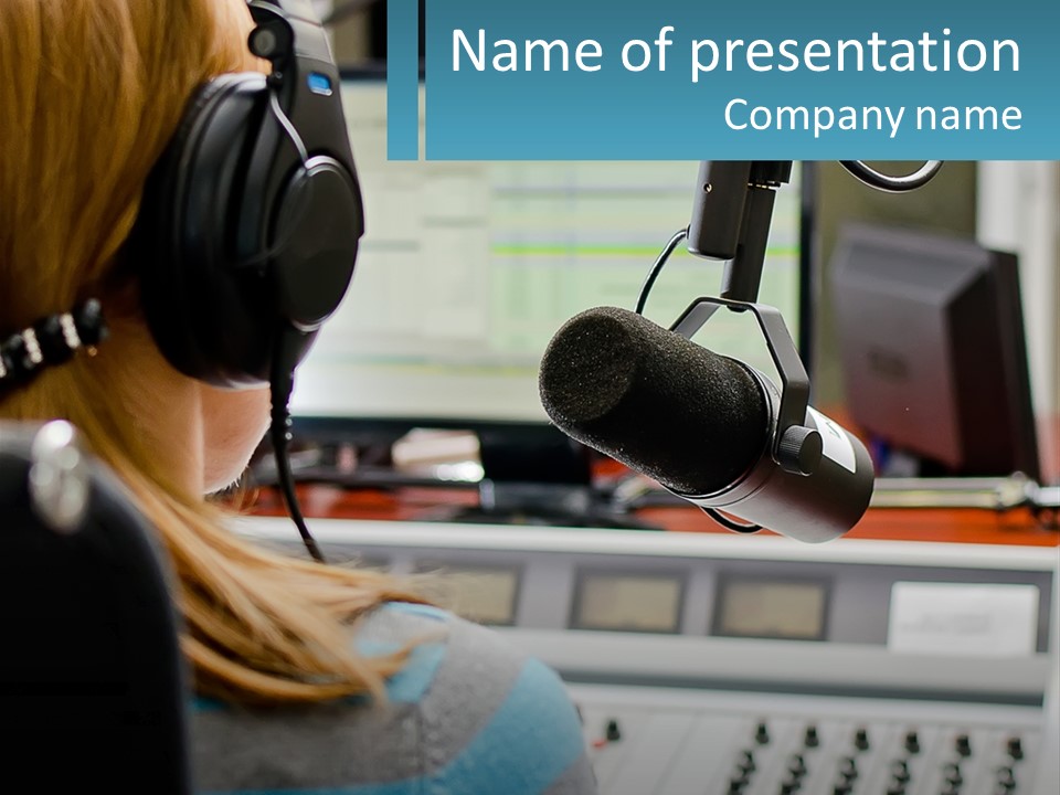 A Woman With Headphones On In Front Of A Microphone PowerPoint Template