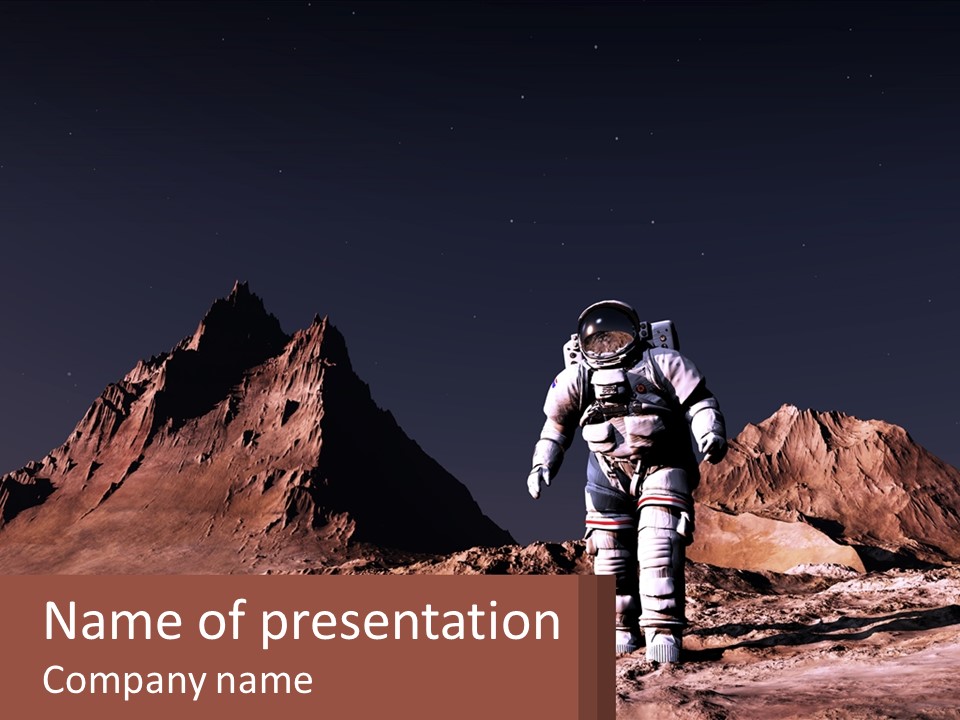 A Man In An Astronaut Suit Walking On A Rocky Surface With Mountains In The Background PowerPoint Template