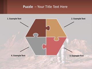 A Man In An Astronaut Suit Walking On A Rocky Surface With Mountains In The Background PowerPoint Template