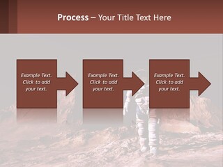 A Man In An Astronaut Suit Walking On A Rocky Surface With Mountains In The Background PowerPoint Template